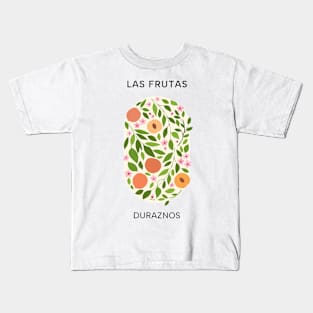 Las Frutas: Duraznos - Fruit and flower market poster with peaches, blossoms, and leaves Kids T-Shirt